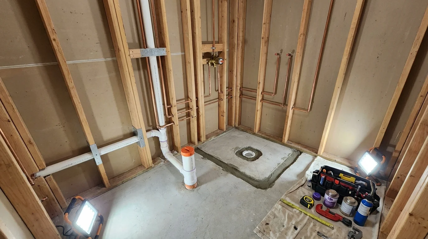 Bathroom rough-in plumbing during remodel by Johns Plumbing LLC in Sugarcreek