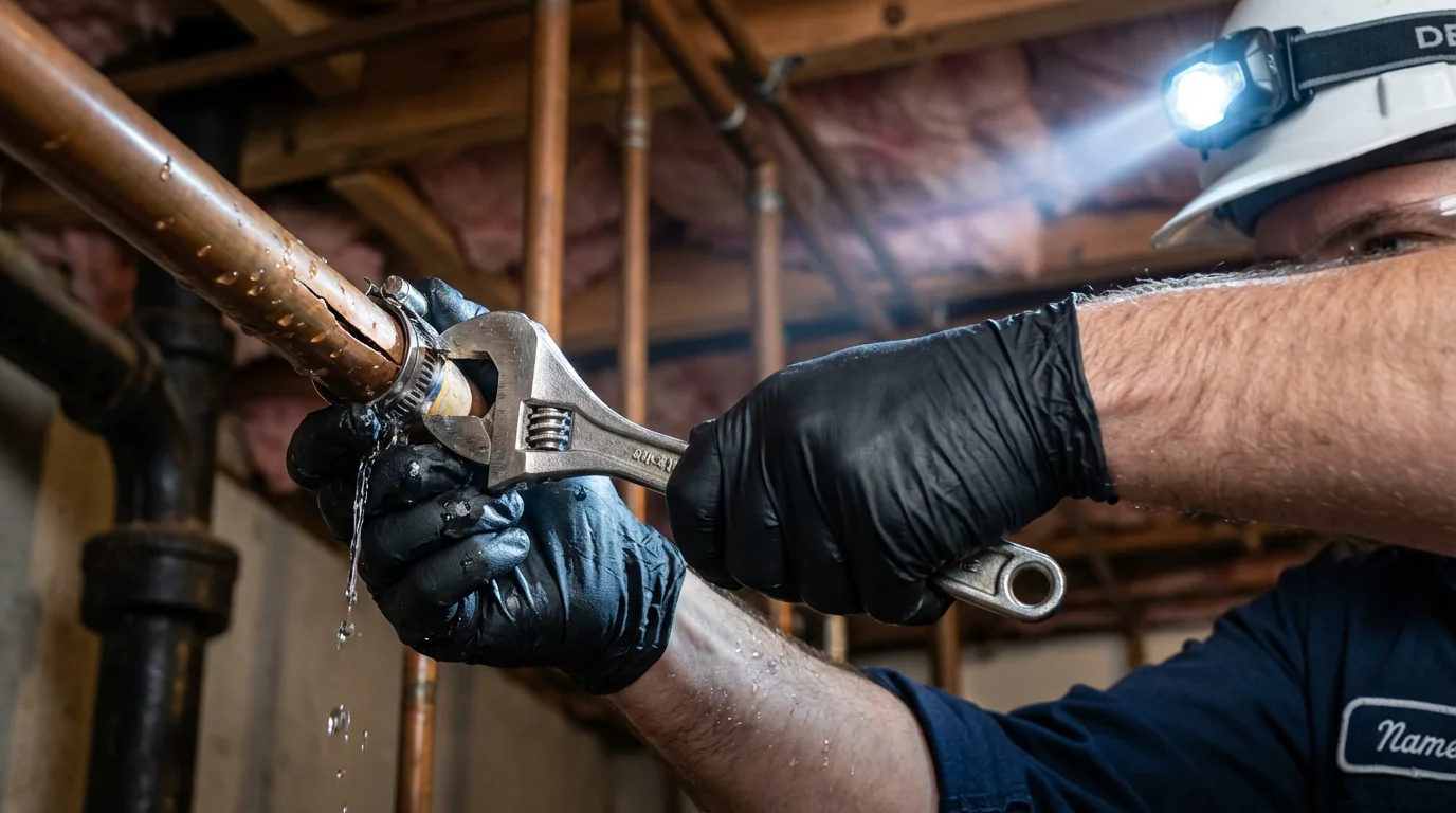 Emergency pipe clamp repair being performed by a Johns Plumbing LLC plumber in Sugarcreek