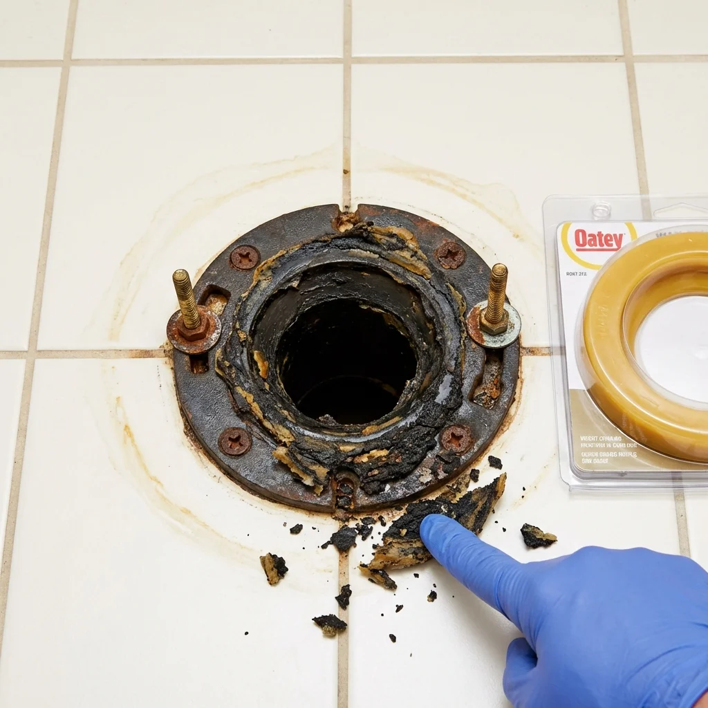Failed wax ring showing water seepage at the base of a toilet in a Sugarcreek, OH home