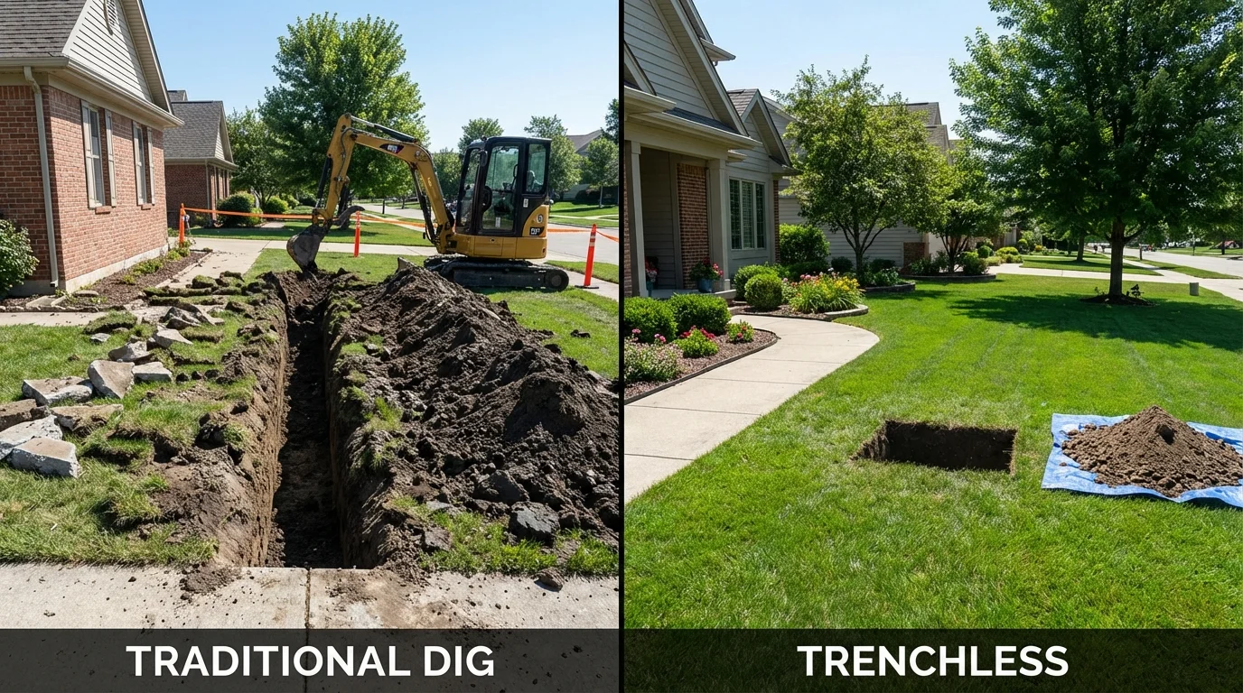 Trenchless sewer repair with minimal yard damage versus traditional excavation in Sugarcreek, OH