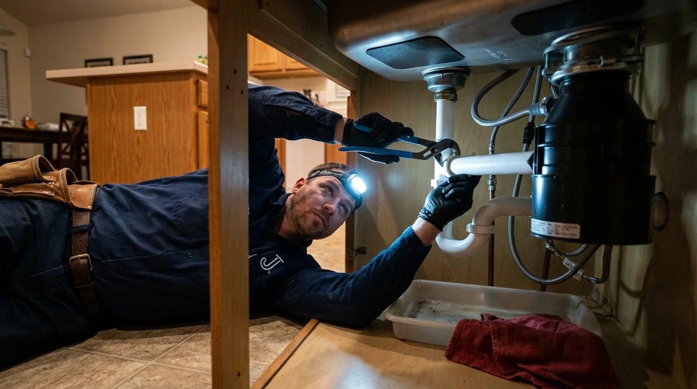 P-trap and supply line connections under a kitchen sink showing a common leak point in Sugarcreek, OH